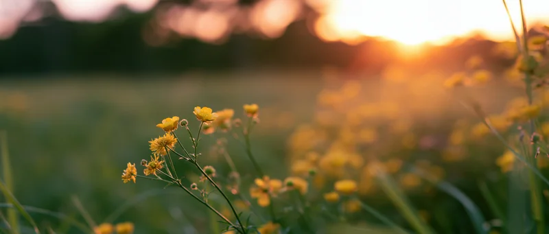 Yellow buttercup wildflowers blooming in a meadow at sunset