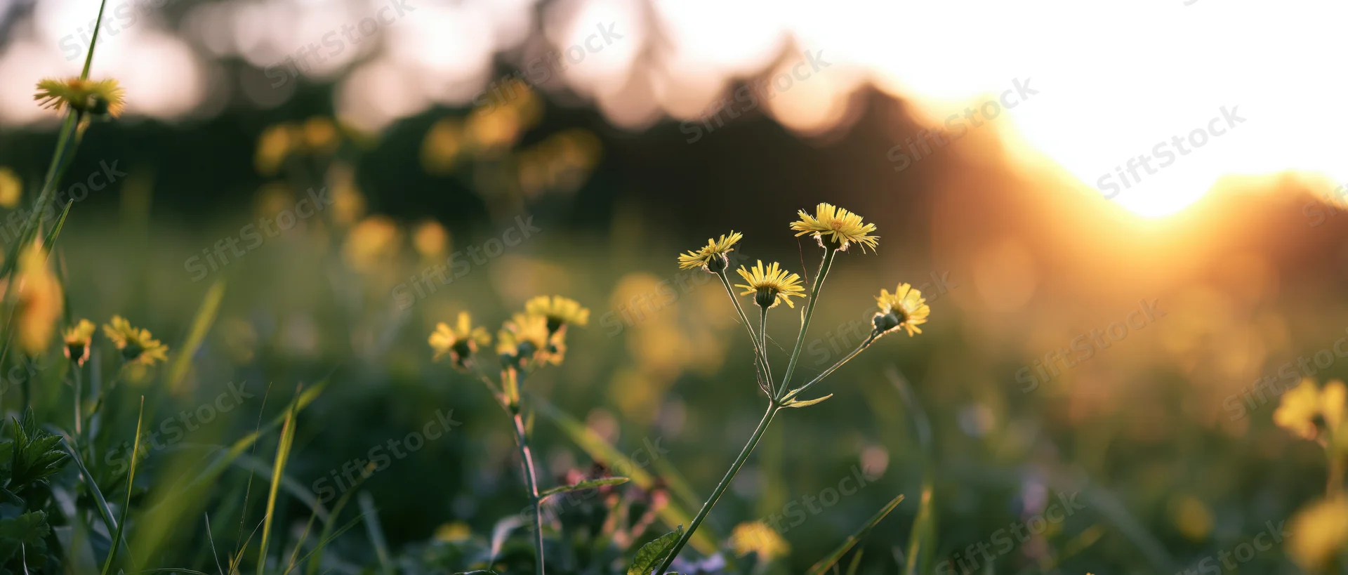Yellow daisies blooming in a grassy meadow at sunset