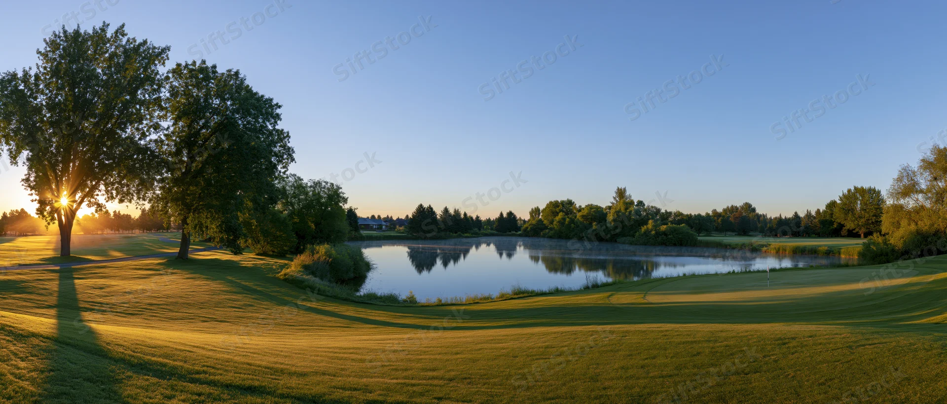 Sunrise over a golf course with a pond and trees casting long shadows on the fairway