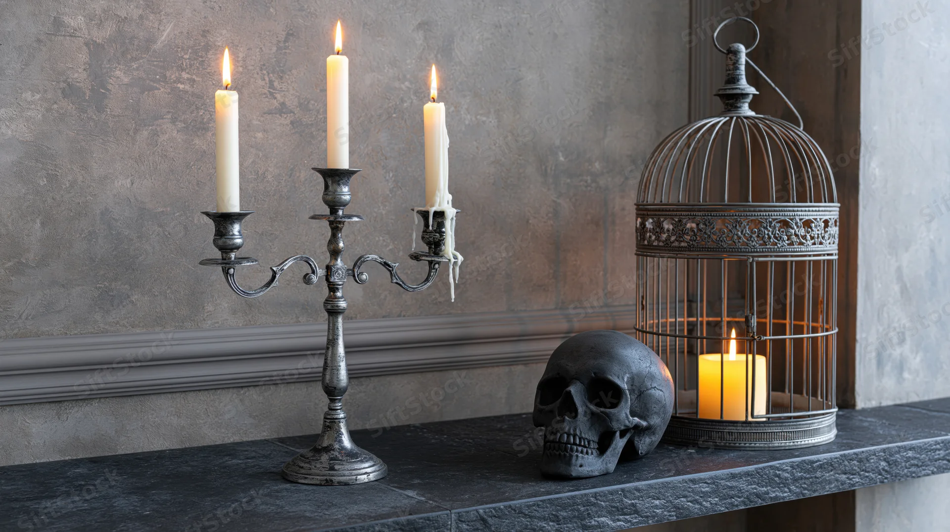 Skull and lit candles on a stone mantel beside a decorative birdcage with a candle inside
