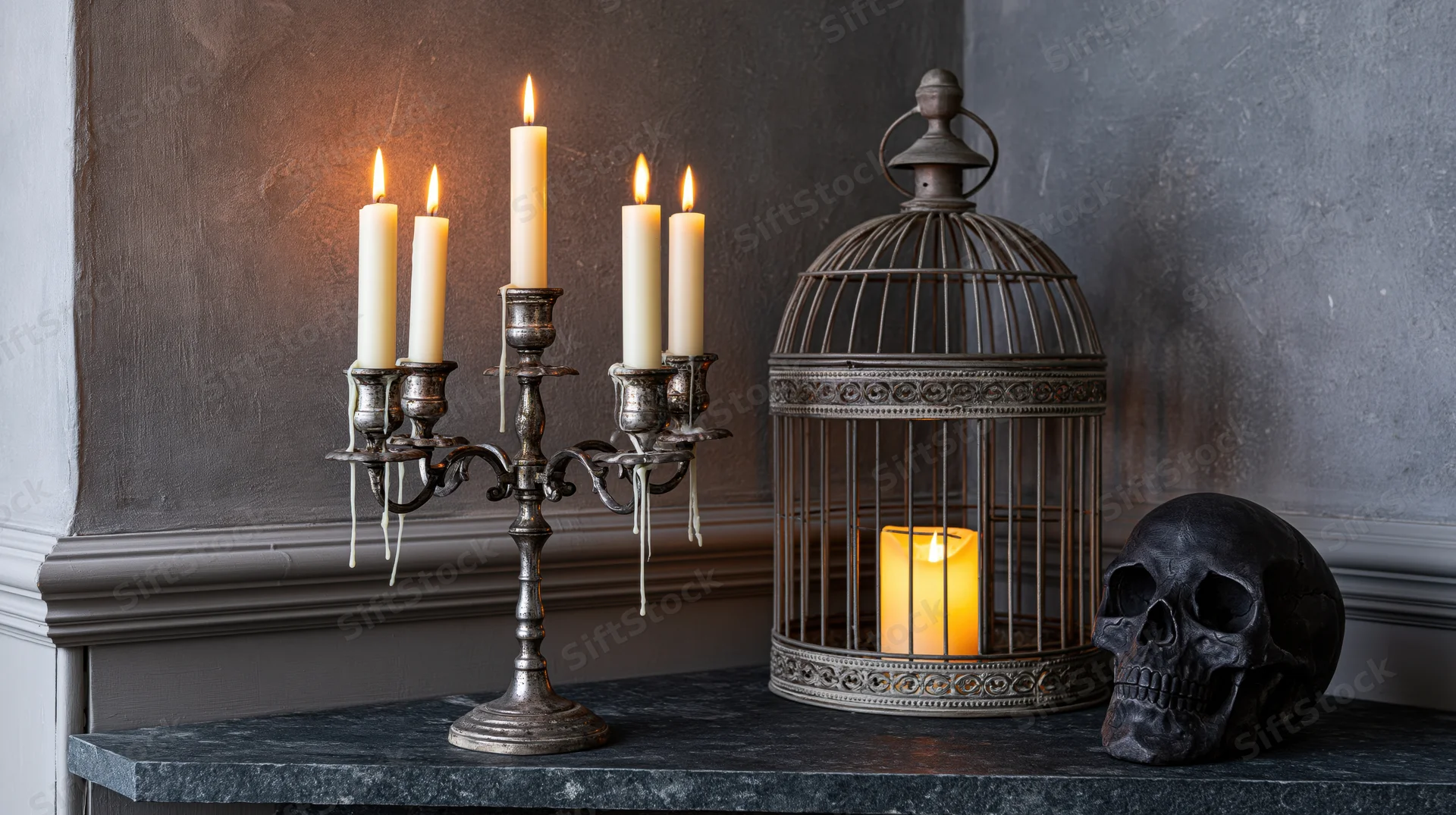 Skull and lit candles on a stone mantle beside a birdcage lantern for halloween decoration