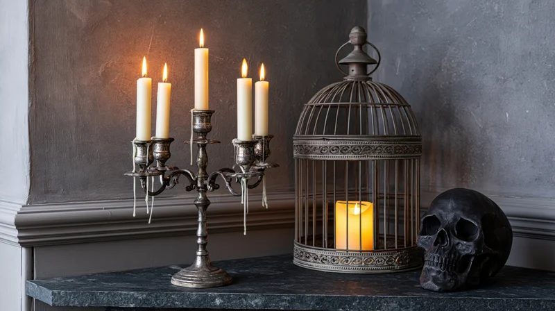 Skull and lit candles on a stone mantle beside a birdcage lantern for halloween decoration