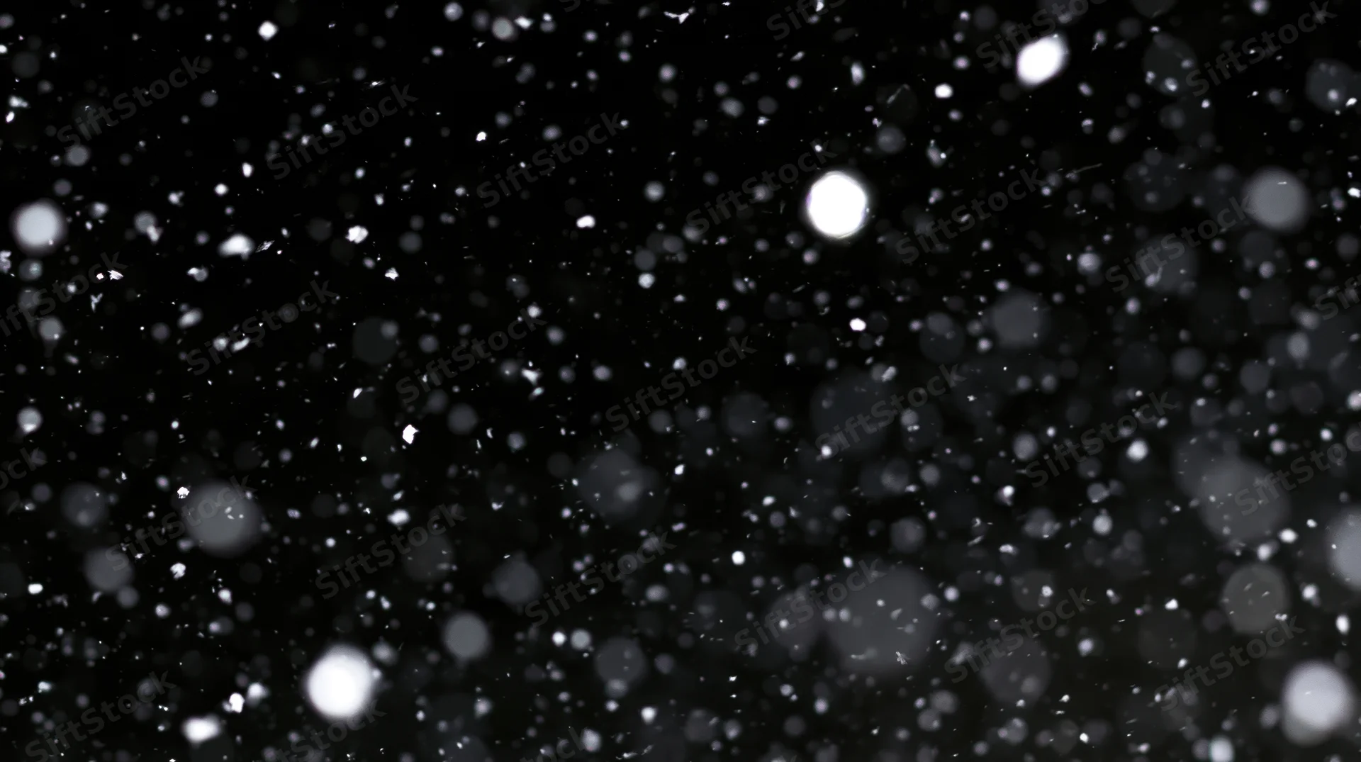 Floating white particles glowing against a dark background with bokeh effect