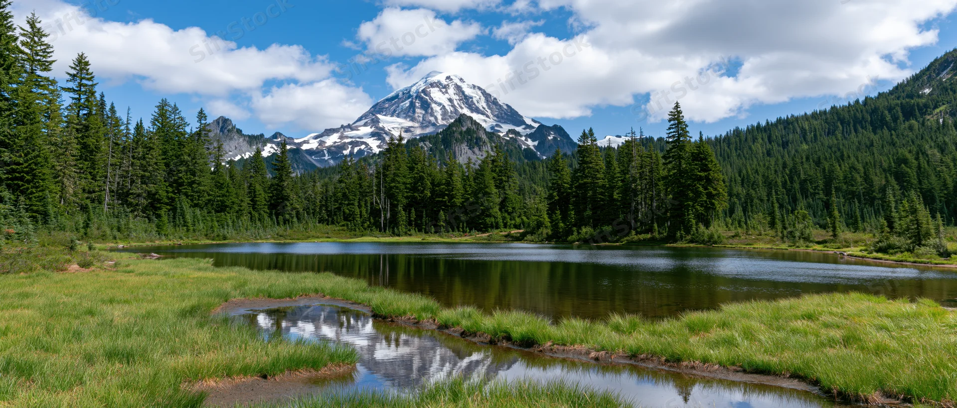 Snow-capped mountain reflected in calm lake surrounded by evergreen forest and grassy meadow