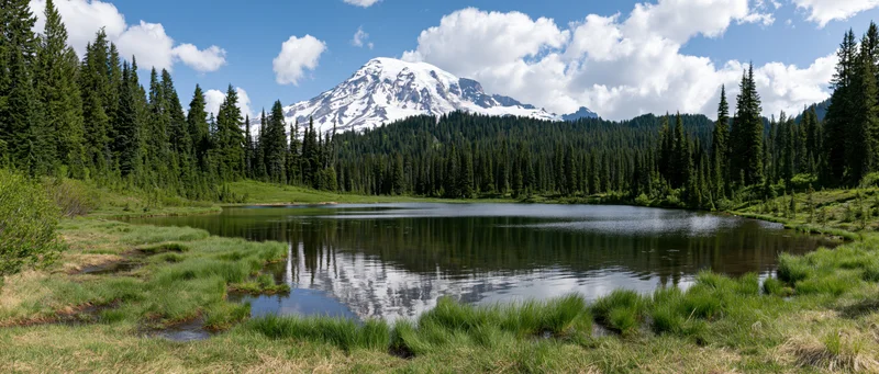 Snow-capped mountain reflected in calm alpine lake surrounded by evergreen forest