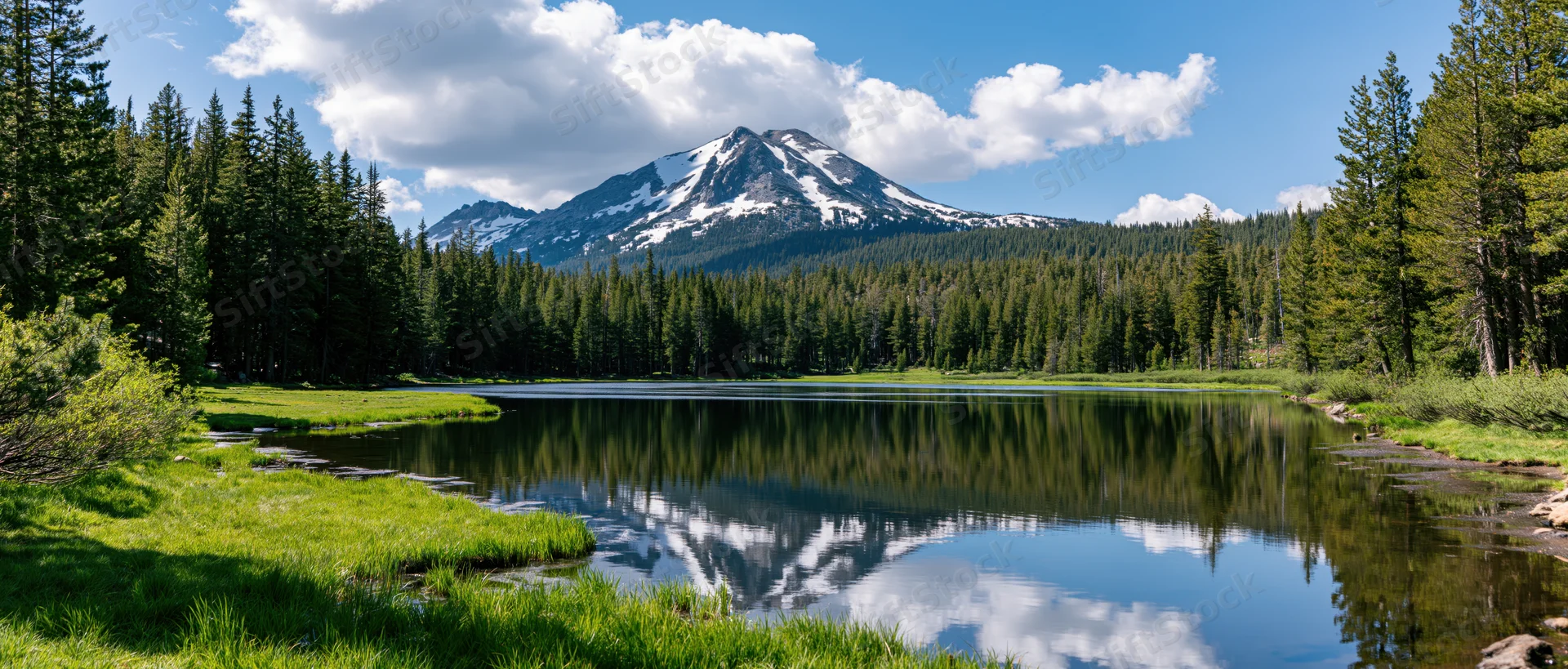 Snow-capped mountain reflected in calm lake surrounded by dense pine forest and green meadow