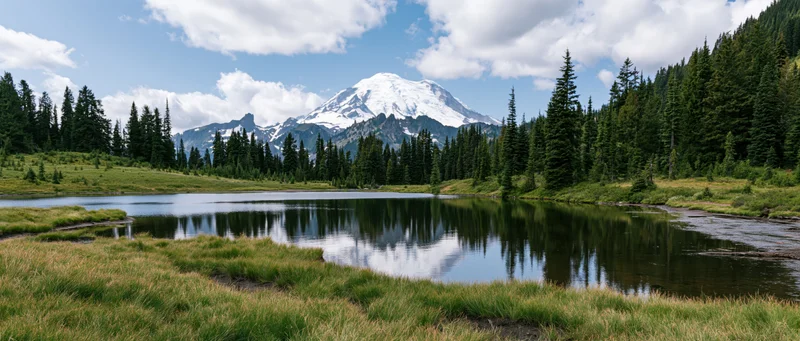 Snow-capped mountain reflected in calm lake surrounded by evergreen forest and grassy meadow