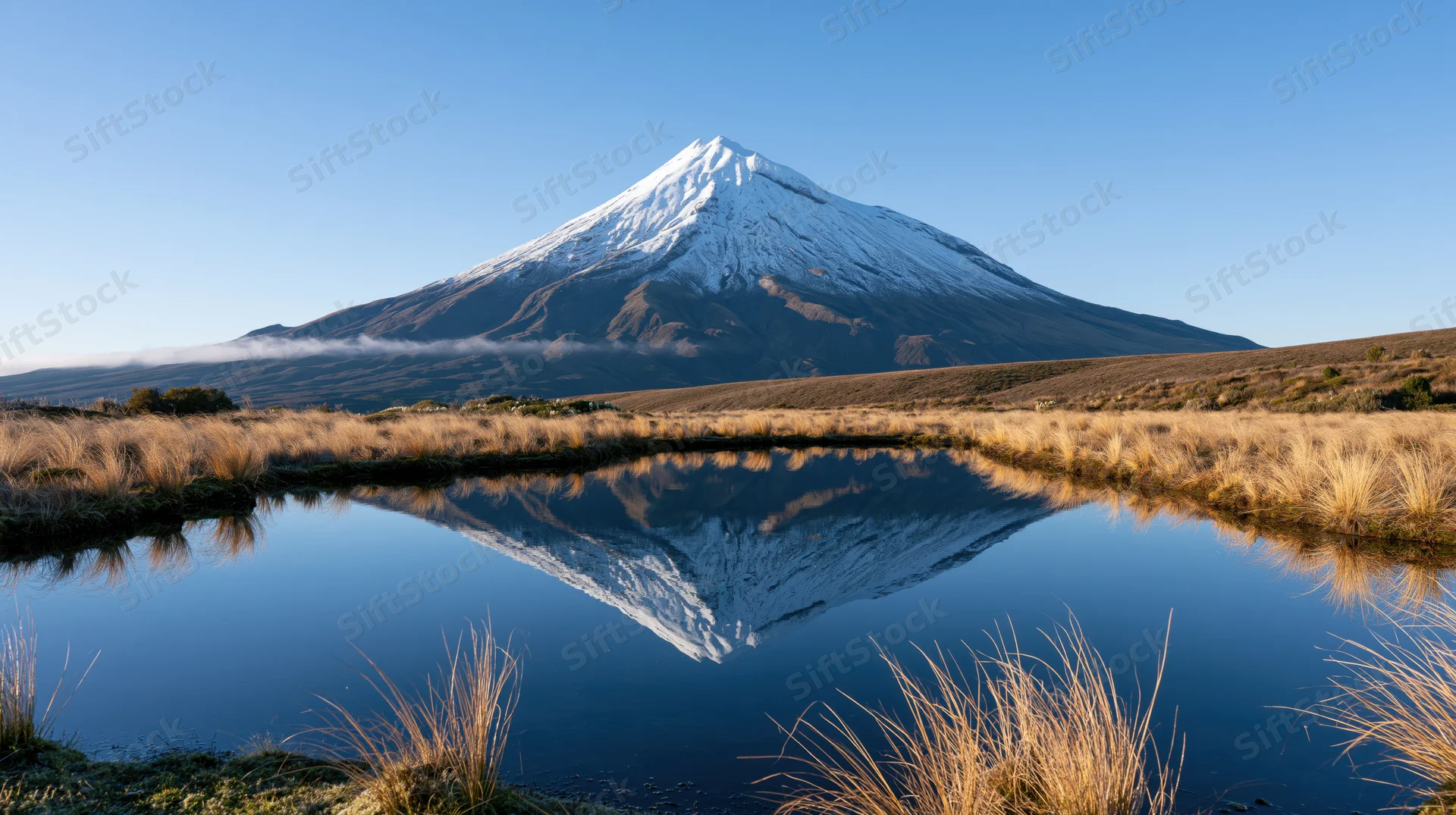 Snow-capped mountain reflected in still water surrounded by golden grasses in a wetland meadow at sunrise