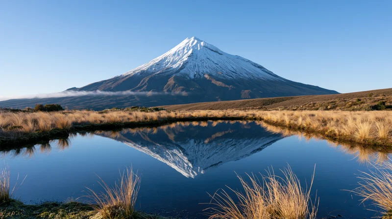 Snow-capped mountain reflected in still water surrounded by golden grasses in a wetland meadow at sunrise