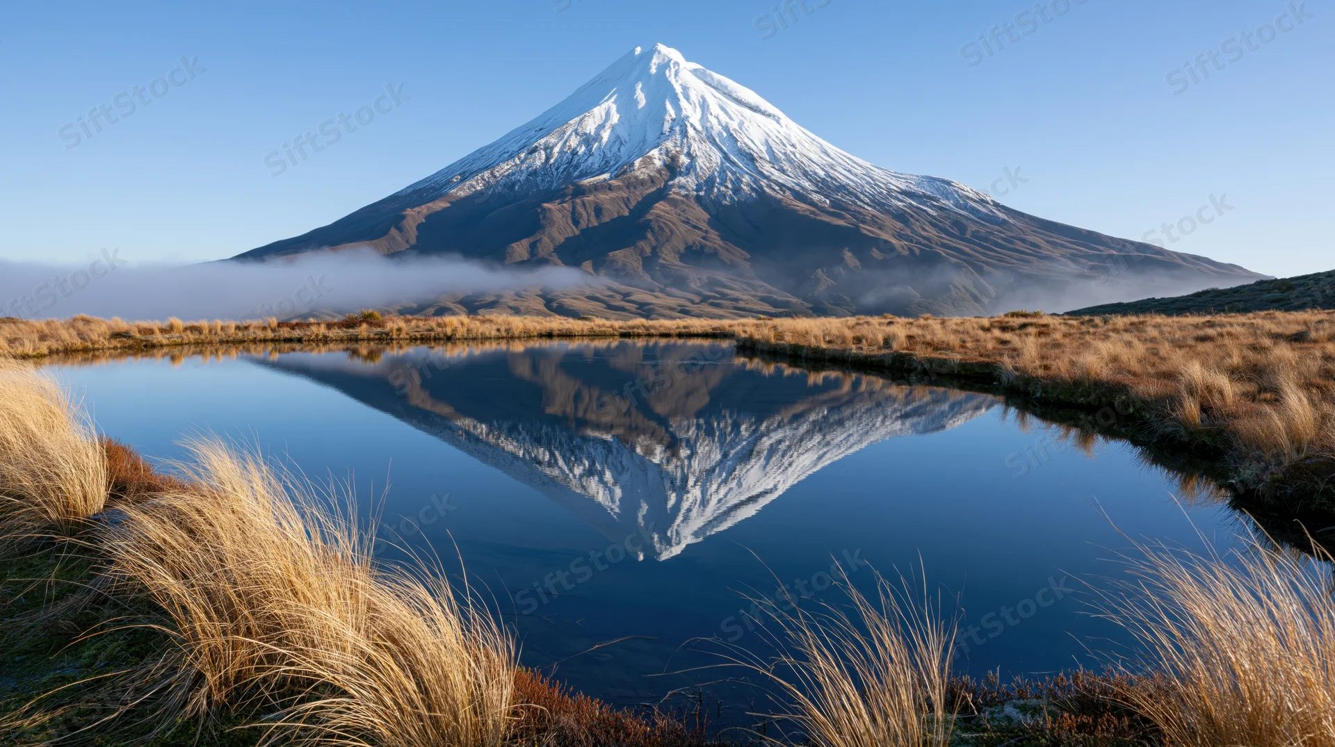 Snow-capped mountain reflected in calm lake surrounded by golden grasses