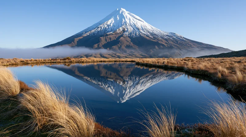 Snow-capped mountain reflected in calm lake surrounded by golden grasses