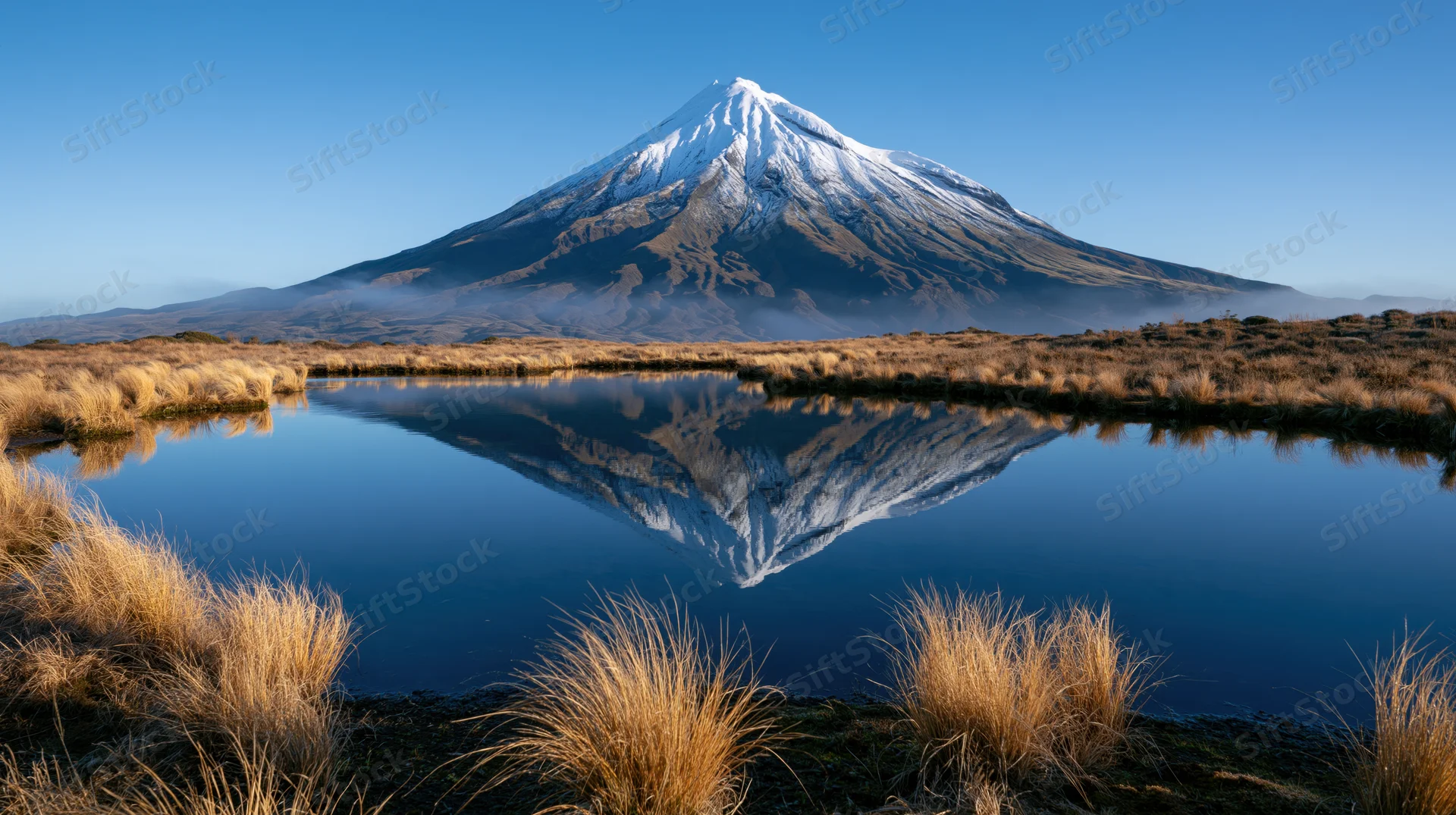 Snow-capped volcano reflected in calm lake surrounded by golden grasses at dawn