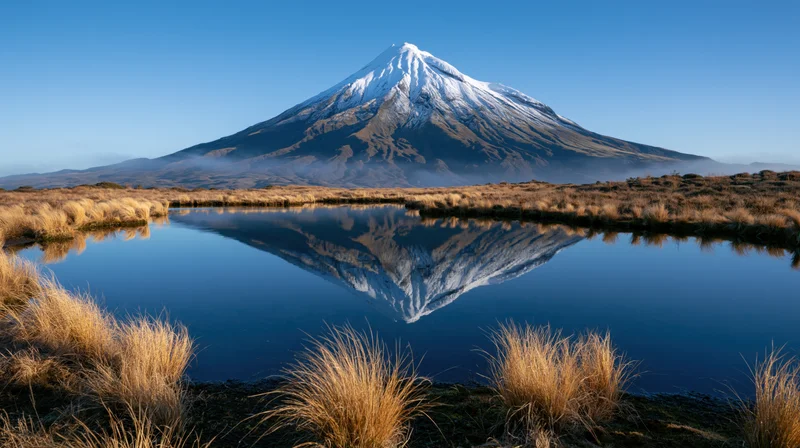 Snow-capped volcano reflected in calm lake surrounded by golden grasses at dawn