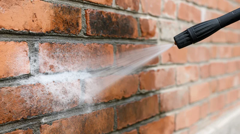 Black pressure washer lance spraying water onto a brick wall for cleaning