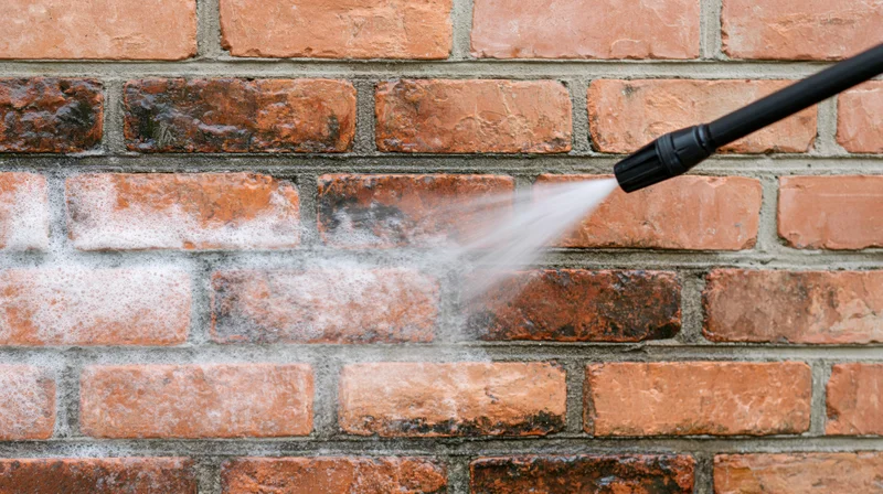 Black pressure washer lance spraying water onto a brick wall to clean surface grime