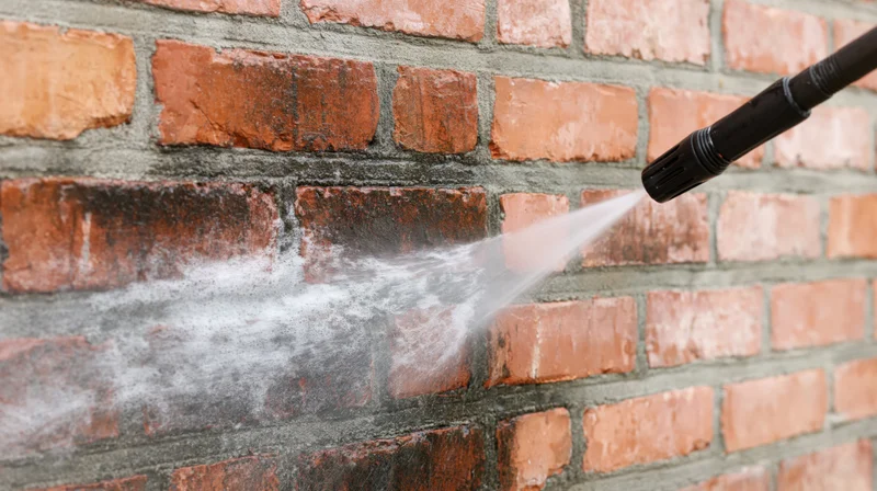 Black pressure washer lance spraying high-pressure water onto a brick wall for cleaning