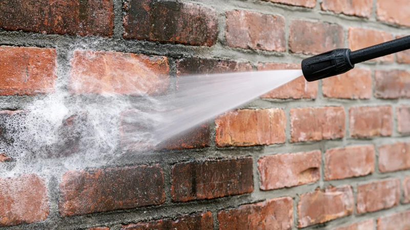 Black pressure washer lance spraying high-pressure water onto a brick wall for cleaning