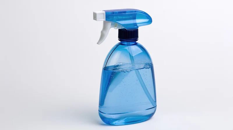 Blue plastic trigger spray bottle filled with clear blue liquid on white background