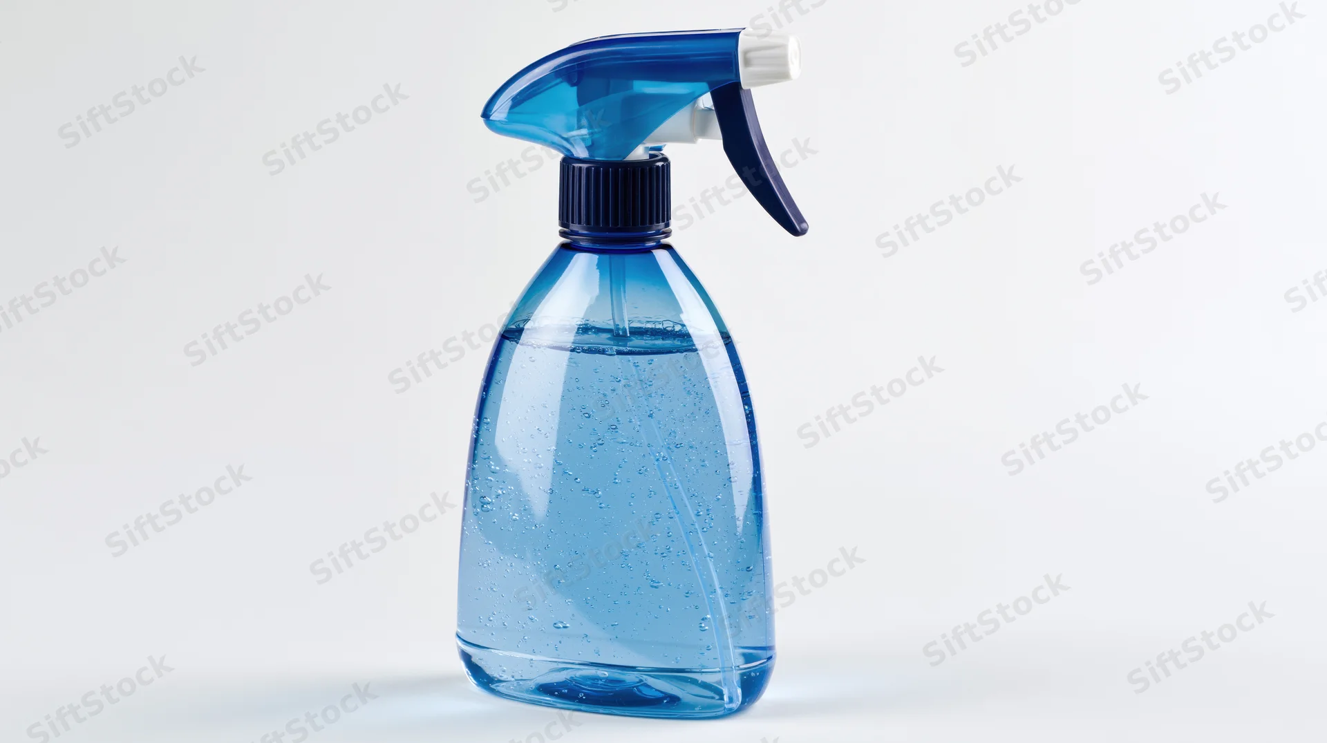 Blue plastic trigger spray bottle filled with clear blue liquid on white background