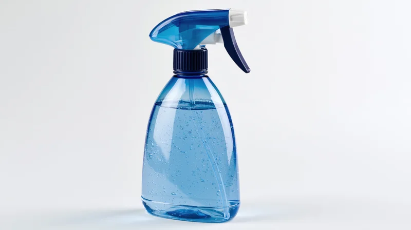 Blue plastic trigger spray bottle filled with clear blue liquid on white background