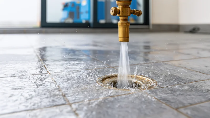 Brass nozzle spraying high-pressure water jet onto tiled floor drain