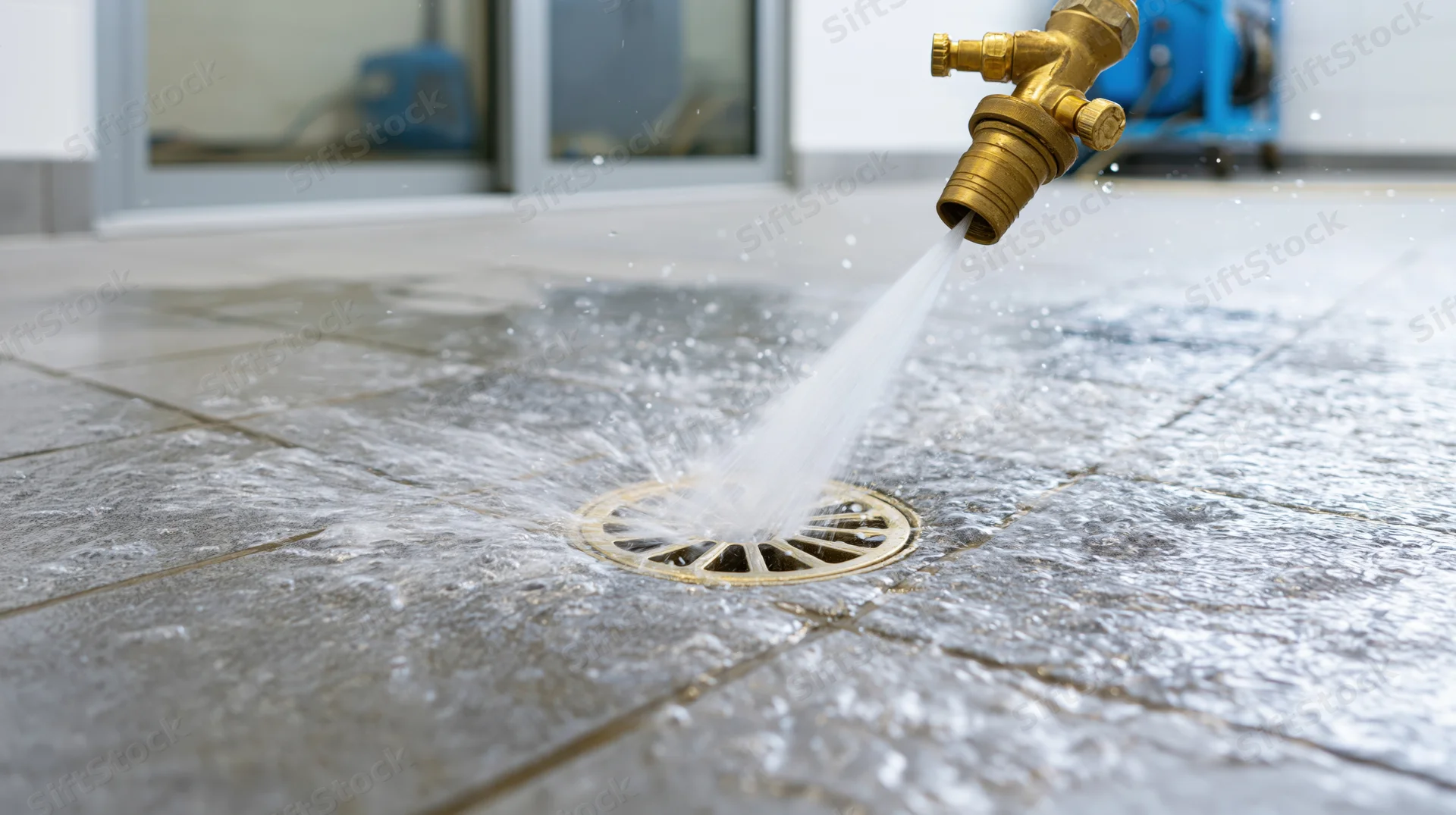 Brass pressure washer nozzle spraying water onto tiled outdoor floor toward drain