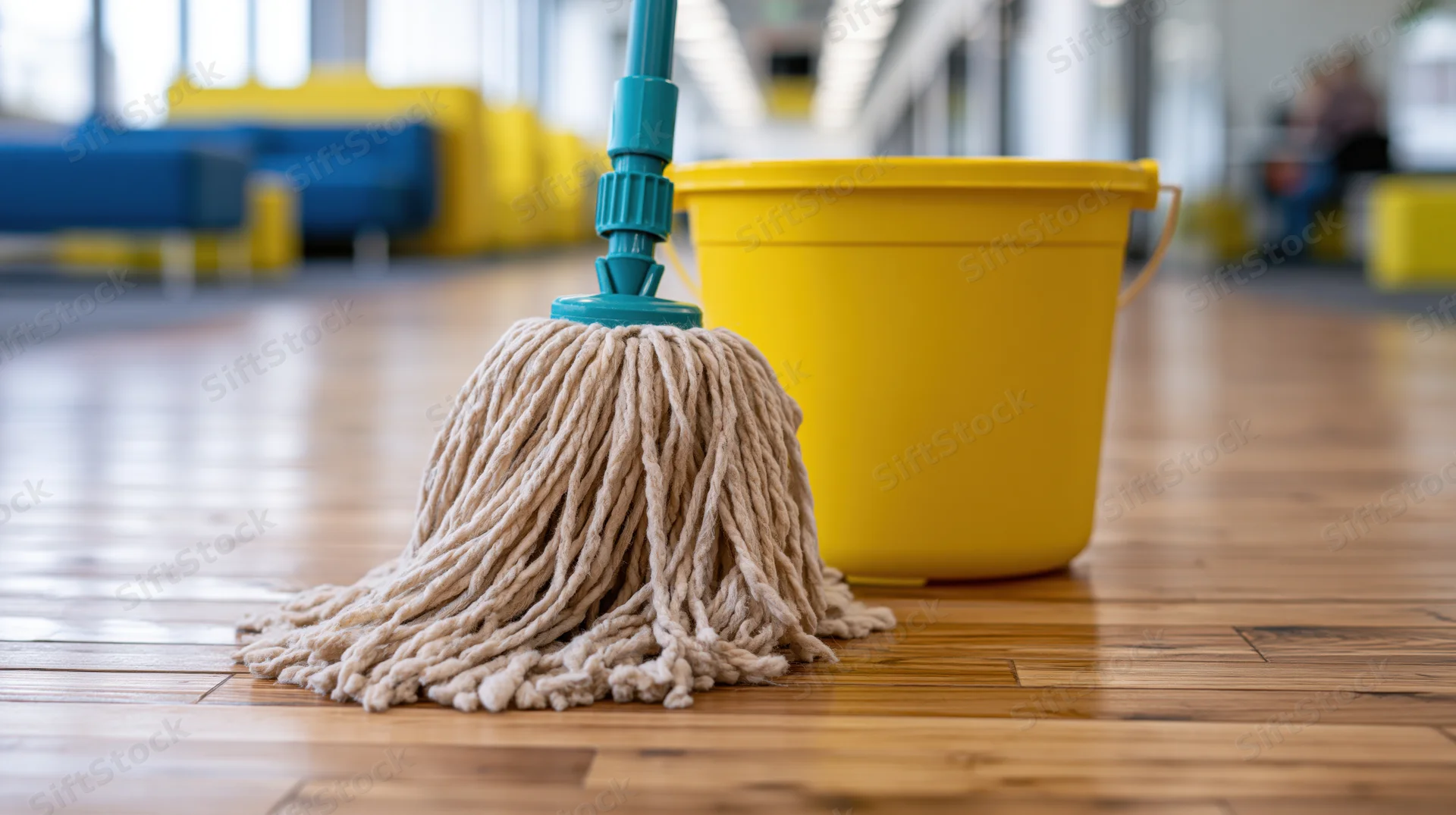 Cotton string mop with teal connector resting beside yellow bucket on polished wooden floor in office lobby
