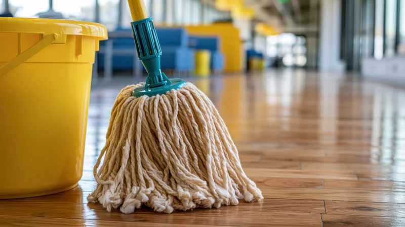 Cotton string mop with teal plastic connector resting beside yellow bucket on polished wooden floor in office hallway