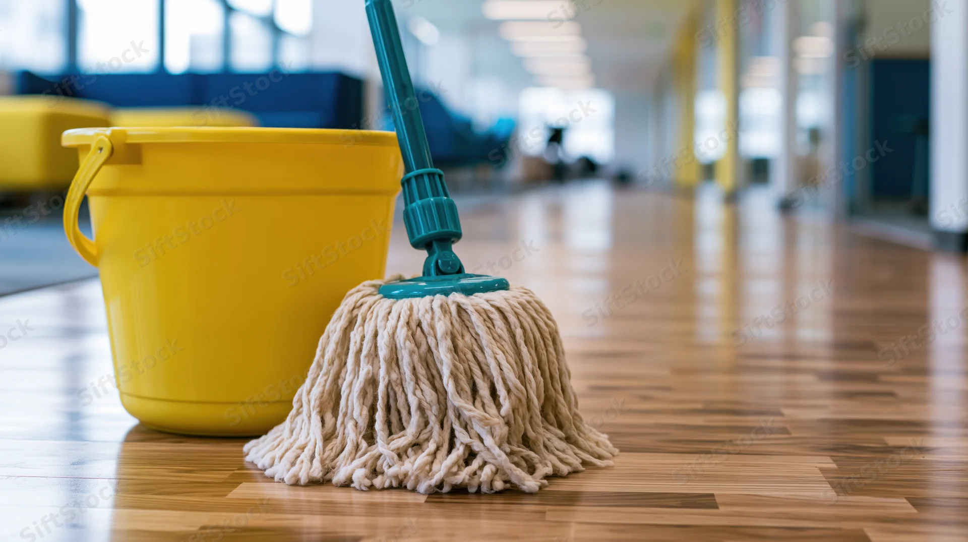 Cotton string mop with teal plastic connector resting beside yellow bucket on polished hardwood floor in office hallway