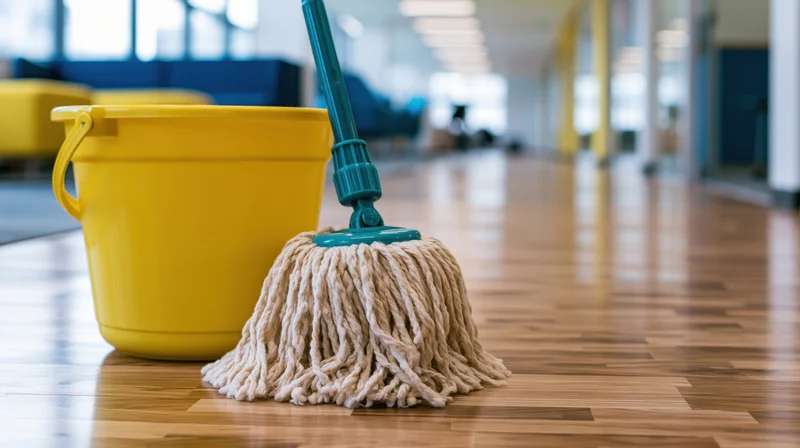 Cotton string mop with teal plastic connector resting beside yellow bucket on polished hardwood floor in office hallway