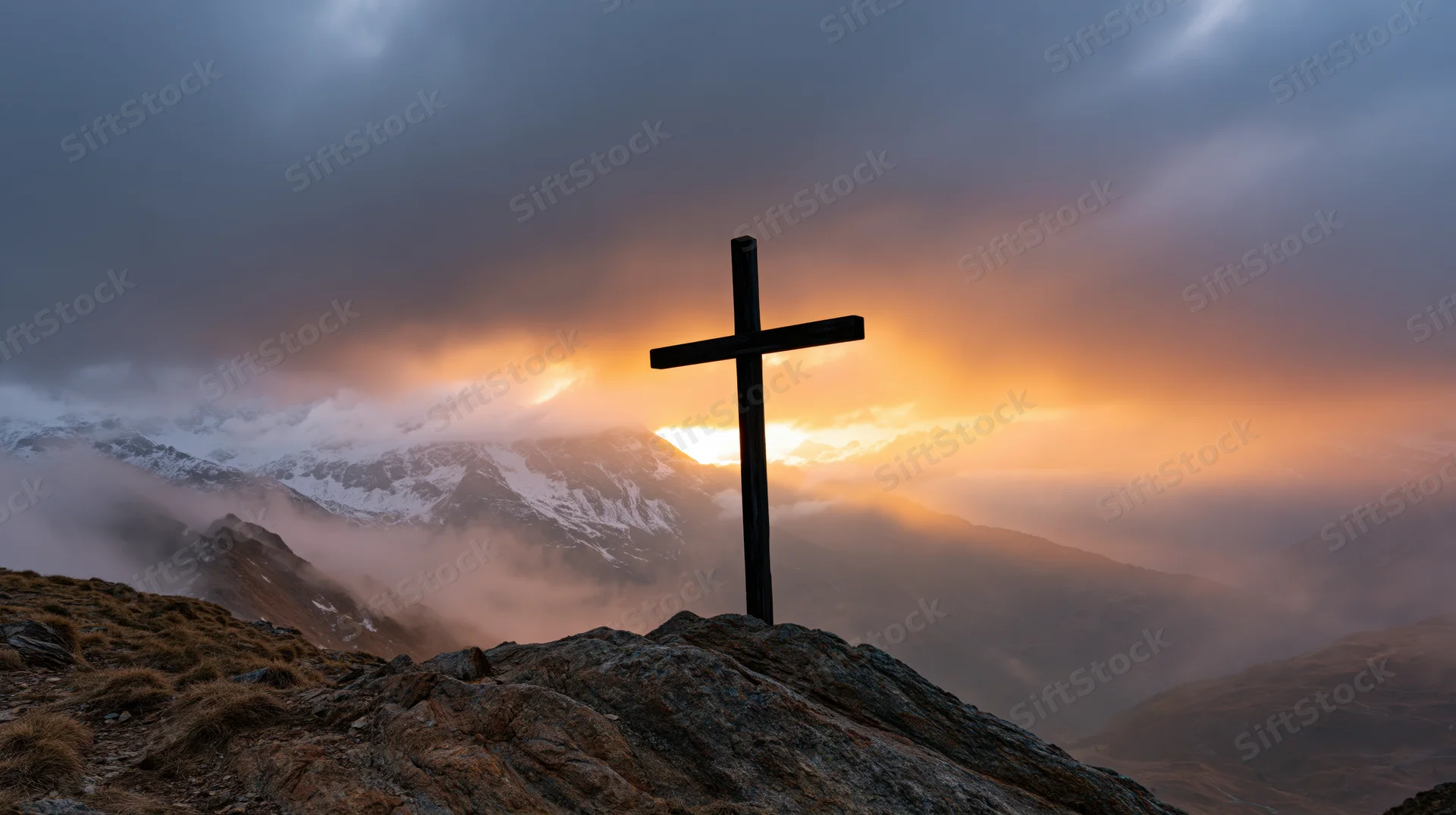 Dark wooden cross silhouetted on rocky mountain peak at sunset with snow-capped peaks and clouds in background