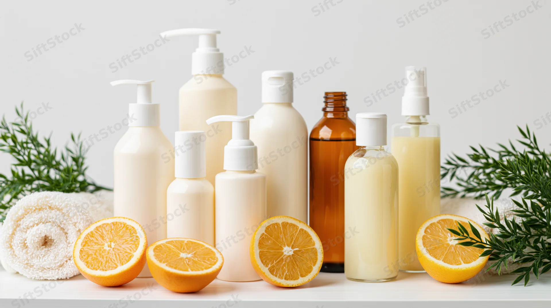 Flat-lay arrangement of unlabeled skincare and haircare bottles with orange slices, greenery, and a rolled towel on a white surface