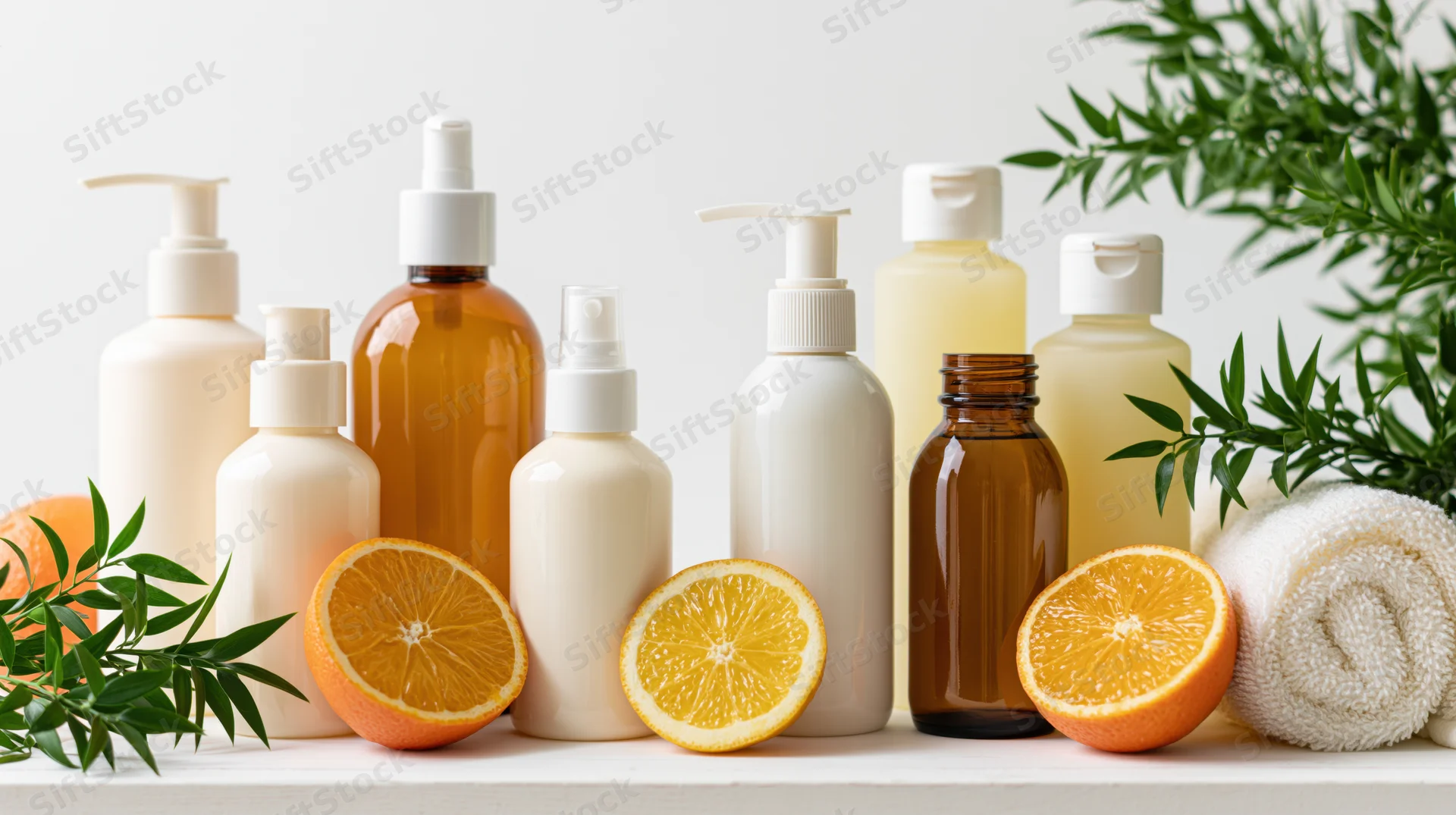 Flat-lay arrangement of unlabeled skincare and haircare bottles with orange slices, green leaves, and a towel on a white surface