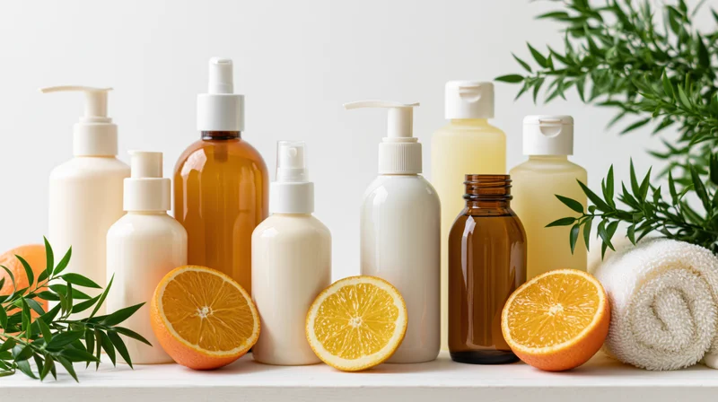 Flat-lay arrangement of unlabeled skincare and haircare bottles with orange slices, green leaves, and a towel on a white surface