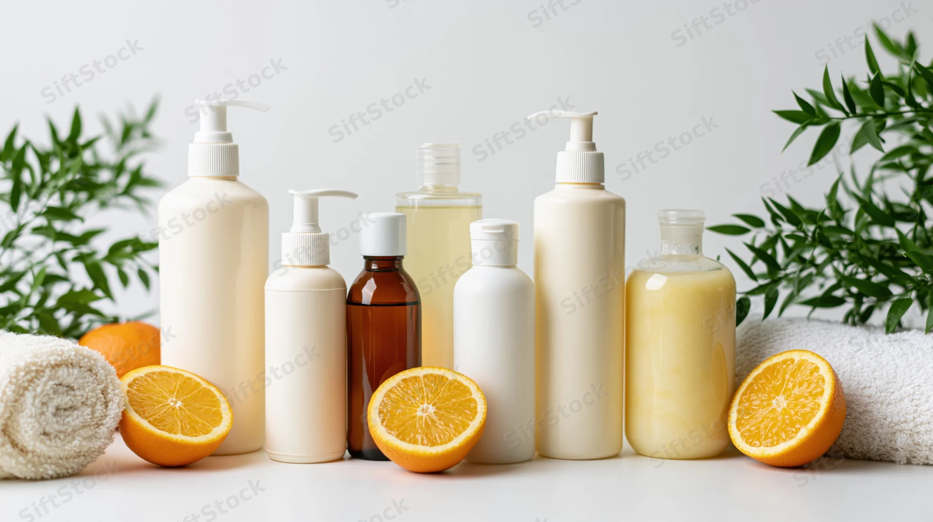 Flat-lay arrangement of unlabeled skincare and haircare bottles with oranges, towels, and greenery on white surface