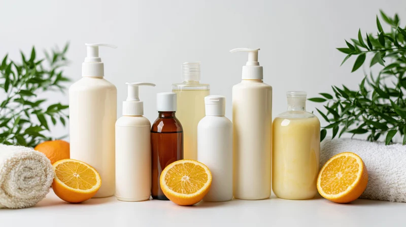 Flat-lay arrangement of unlabeled skincare and haircare bottles with oranges, towels, and greenery on white surface