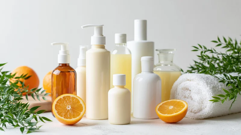 Flat-lay arrangement of unlabeled skincare and haircare bottles with oranges and greenery on a white surface