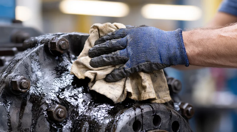 Gloved hand wiping oil from industrial motor with cloth in workshop