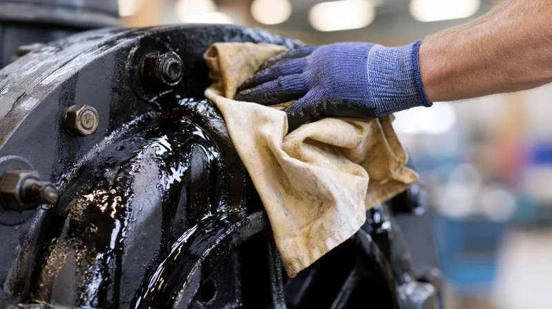 Gloved hand wiping oil from industrial motor with cloth in workshop