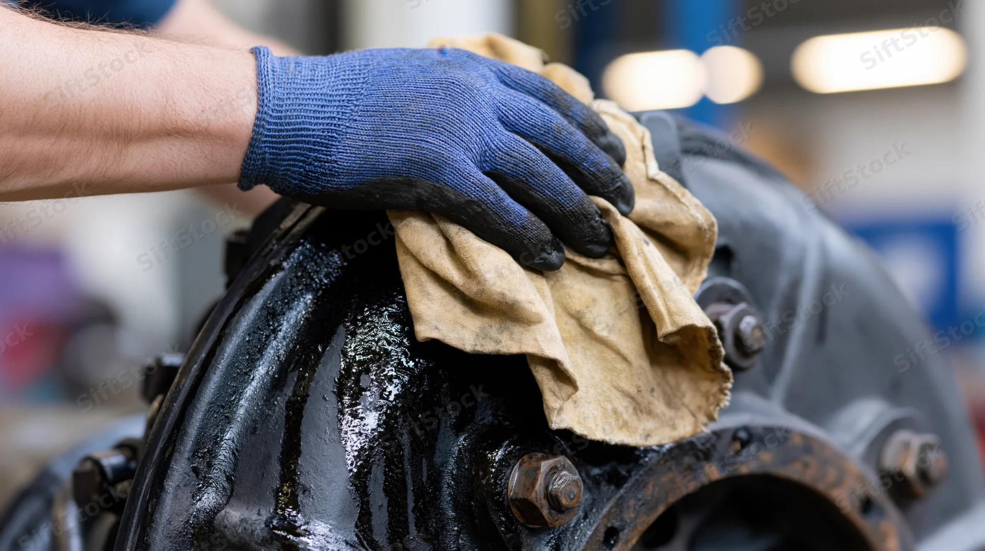 Gloved hand wiping oil from industrial motor with cloth in workshop
