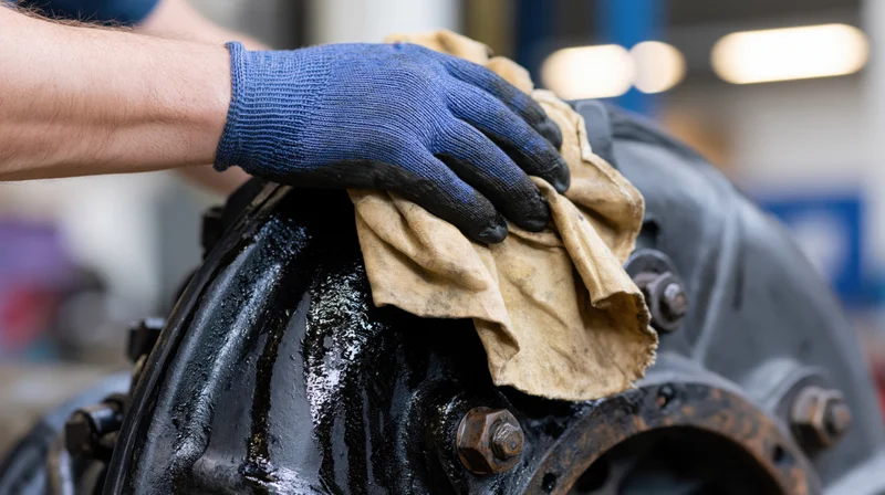 Gloved hand wiping oil from industrial motor with cloth in workshop