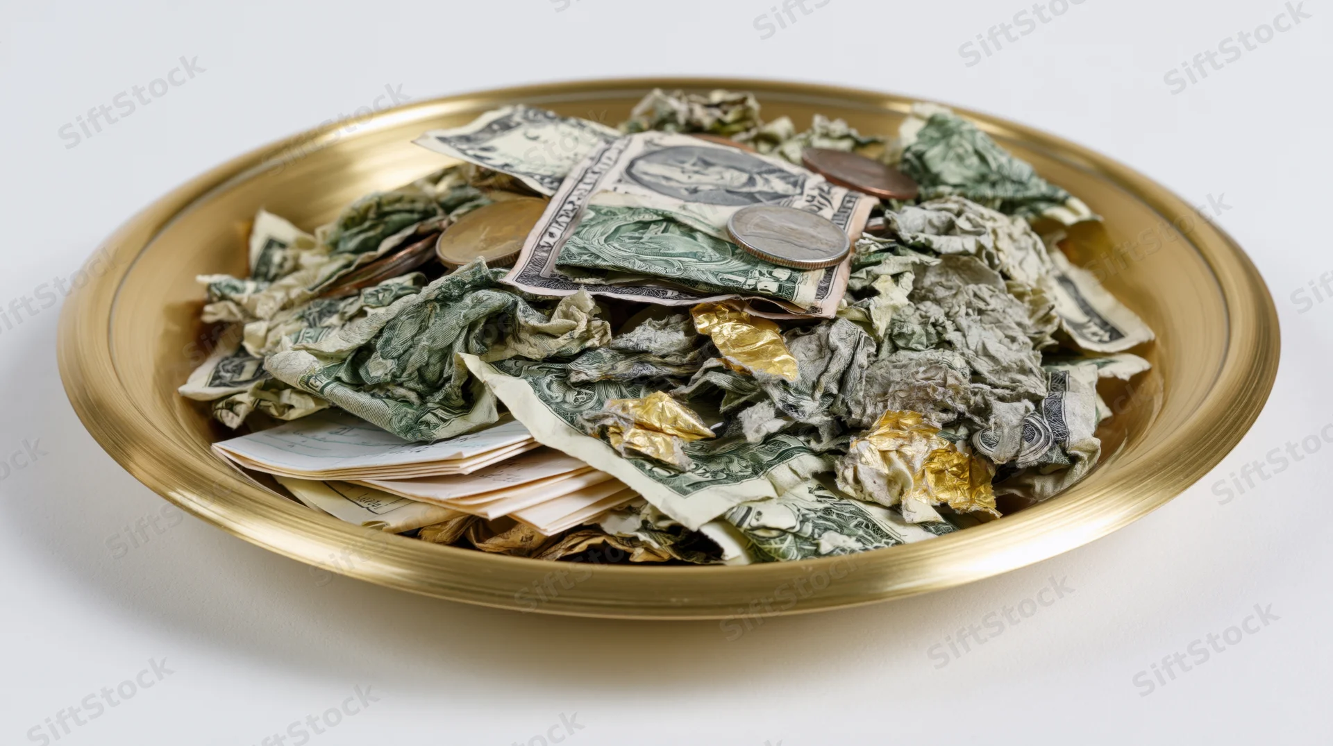 Gold offering plate filled with crumpled us dollar bills and coins on white background