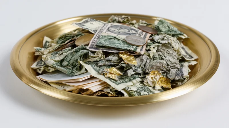 Gold offering plate filled with crumpled us dollar bills and coins on white background