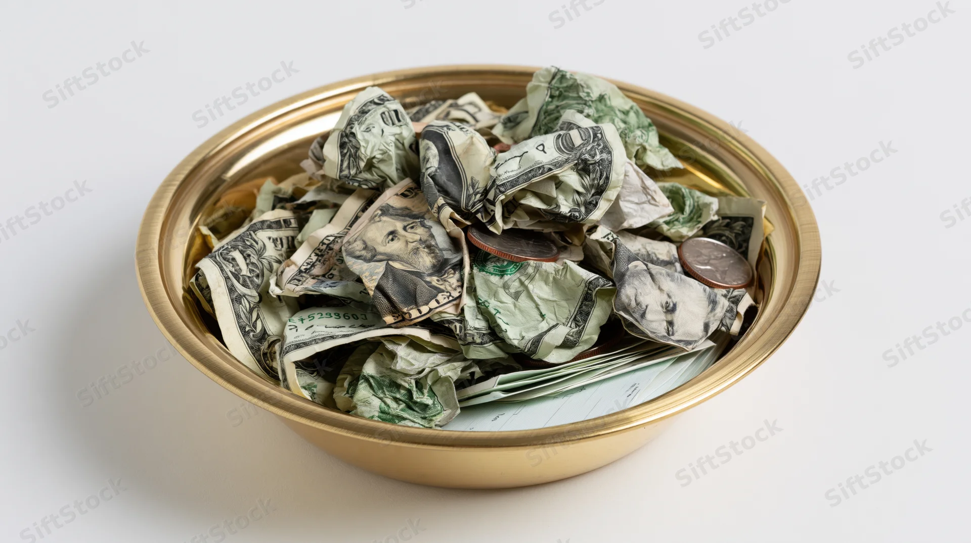 Gold offering plate filled with crumpled us dollar bills and coins on white background