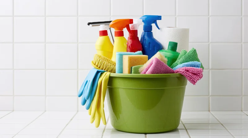 Green plastic bucket filled with cleaning supplies on tiled floor