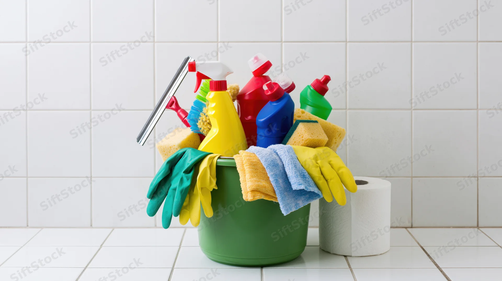 Green plastic bucket filled with cleaning supplies on tiled floor