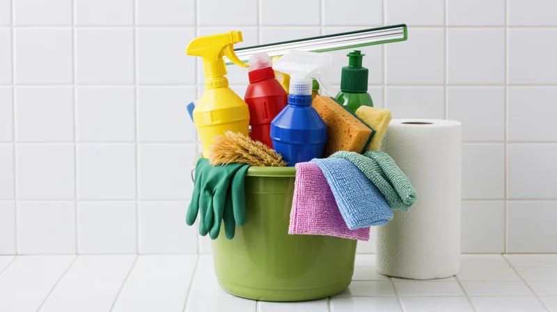 Green plastic bucket filled with cleaning supplies on tiled kitchen floor