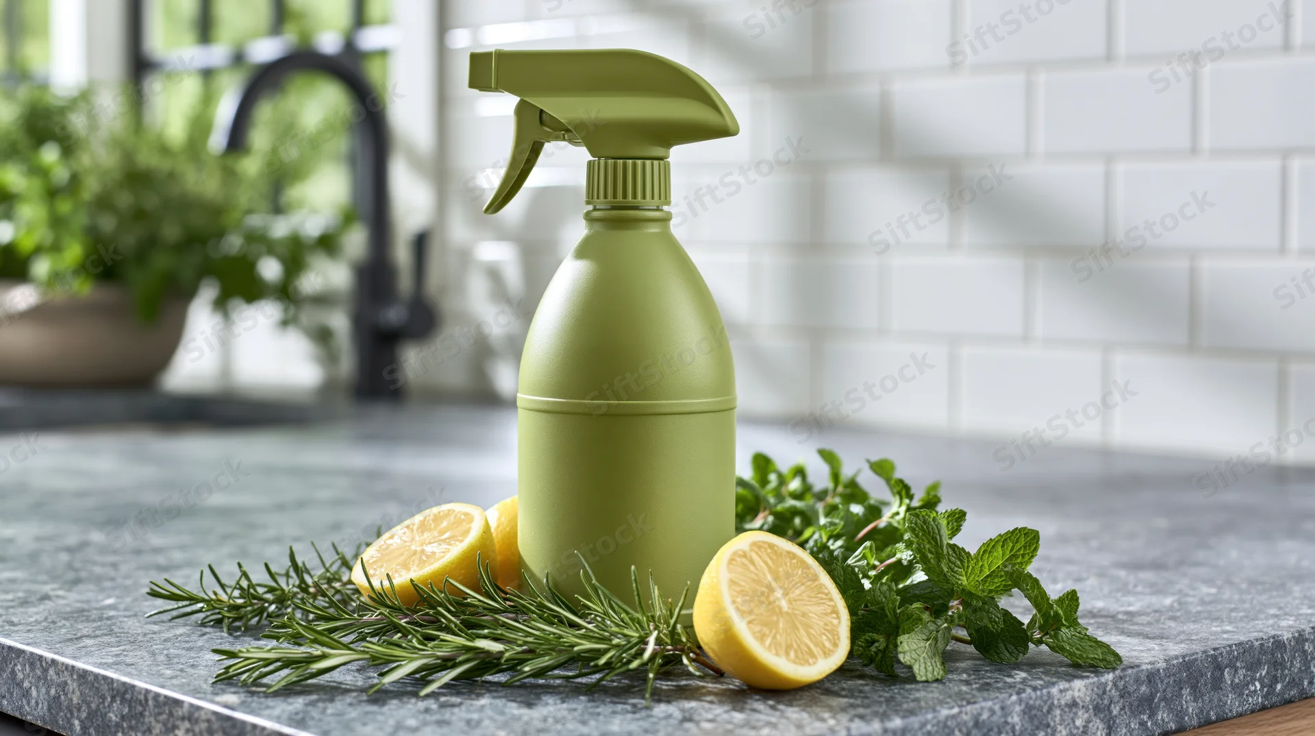 Green plastic spray bottle with lemon and herbs on kitchen countertop