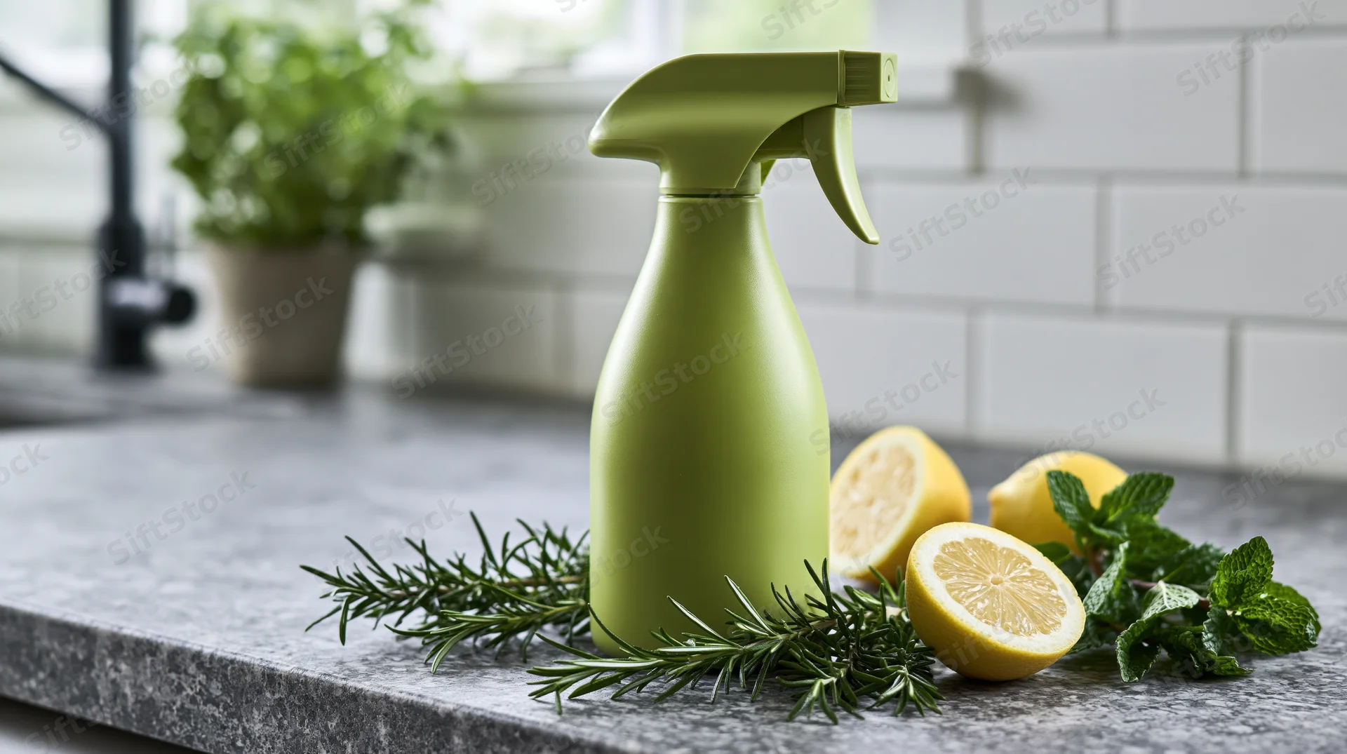 Green spray bottle with lemon and herbs on kitchen countertop