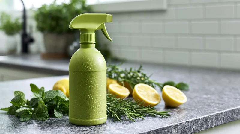 Green plastic spray bottle with lemon and herbs on kitchen countertop
